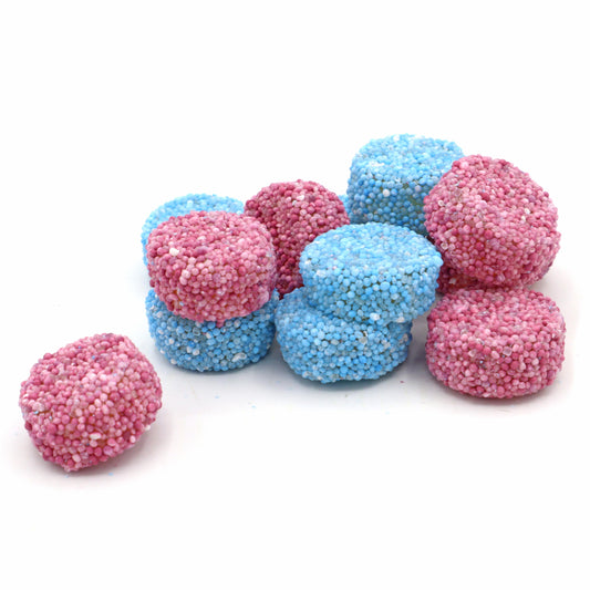 pink and blue aniseed flavored jelly sweets coated with nonpareils