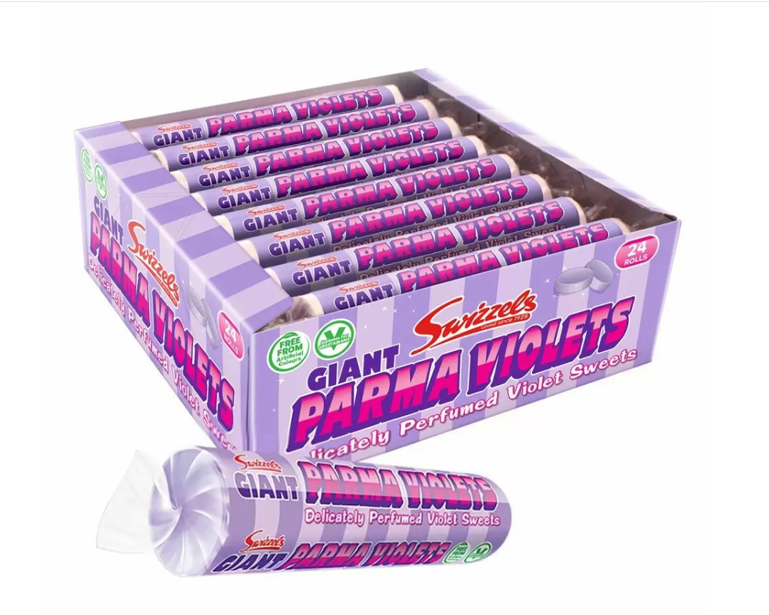A box of Giant Parma Violet sweets with individual sachets visible on the side.