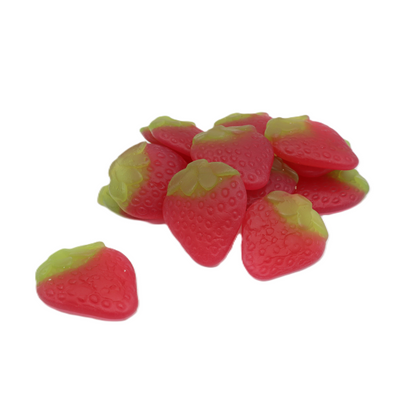  red strawberry-shaped jelly sweets with green accents
