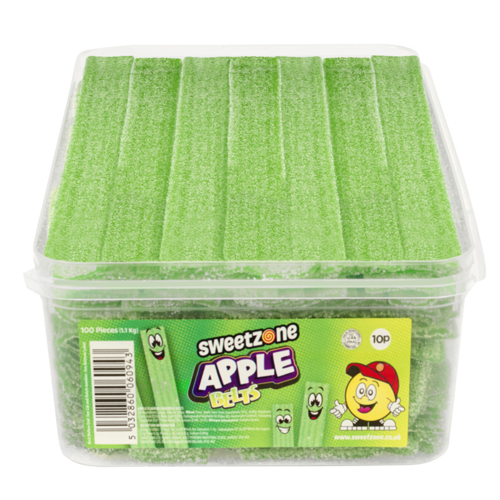 Sweetzone Halal Apple Belts Tub – Sugar-Coated Apple Flavoured Sweets