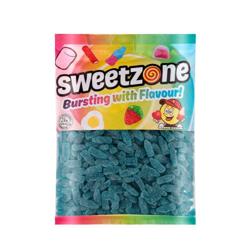 Sweetzone Blue Raspberry sugar-coated fizzy gummy bottles – 1kg halal sweets bag